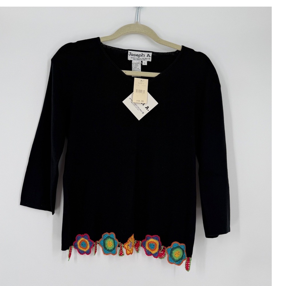 VTG Joseph A Silk Blend Knit Top Crochet Floral Hem Black L Cottagecore Boho